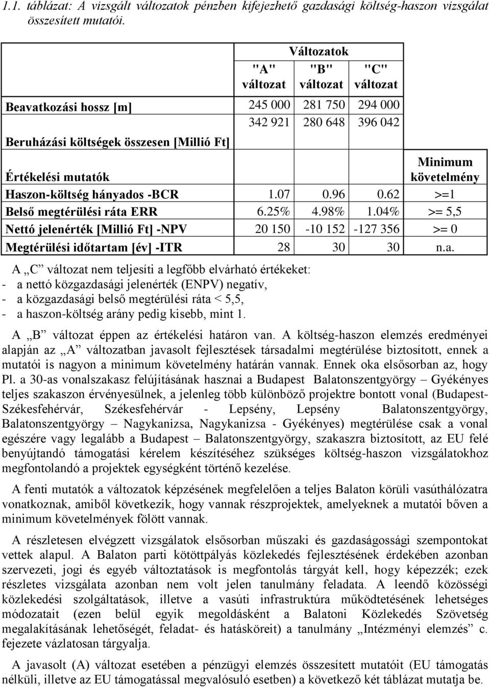 követelmény Haszon-költség hányados -BCR 1.07 0.96 0.62 >=1 Belső megtérülési ráta ERR 6.25% 4.98% 1.