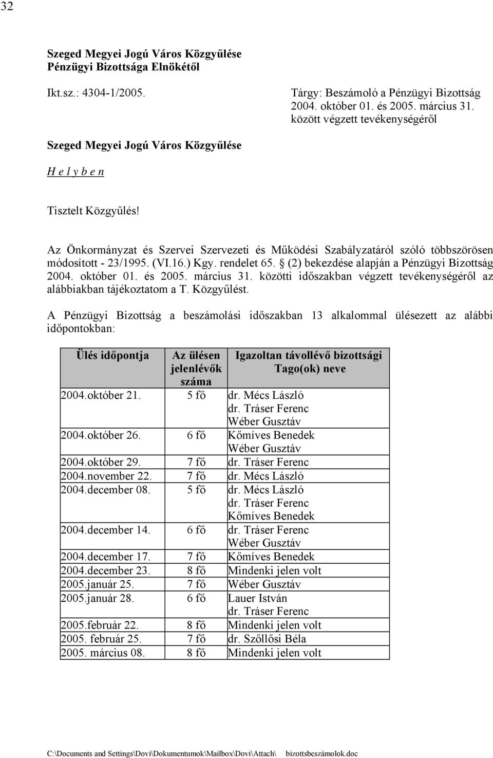 Az Önkormányzat és Szervei Szervezeti és Működési Szabályzatáról szóló többszörösen módosított - 23/1995. (VI.16.) Kgy. rendelet 65. (2) bekezdése alapján a Pénzügyi Bizottság 2004. október 01.