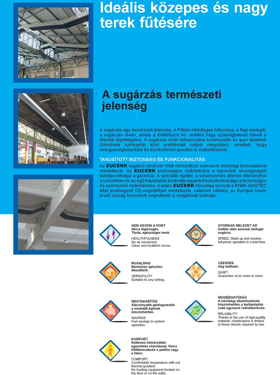 A sugárzás elvét felhasználva kommunális és ipari épületek fűtésének szélesebb körű problémáit tudjuk megoldani, amellett, hogy energiamegtakarítást és komfortérzet-javulást is realizálhatunk.