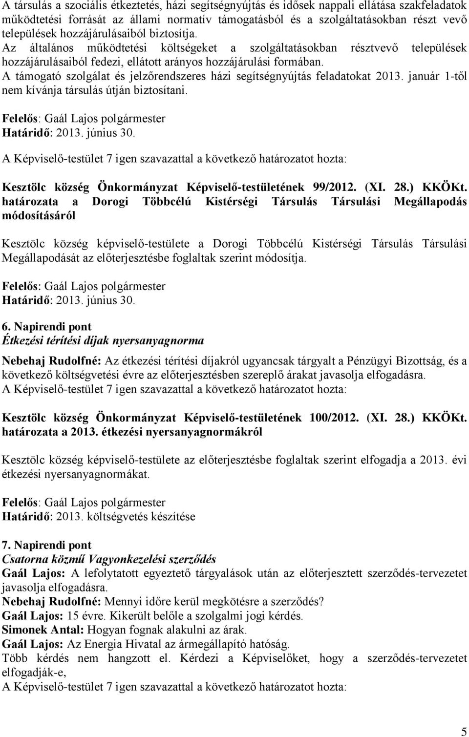 A támogató szolgálat és jelzőrendszeres házi segítségnyújtás feladatokat 2013. január 1-től nem kívánja társulás útján biztosítani. Határidő: 2013. június 30.