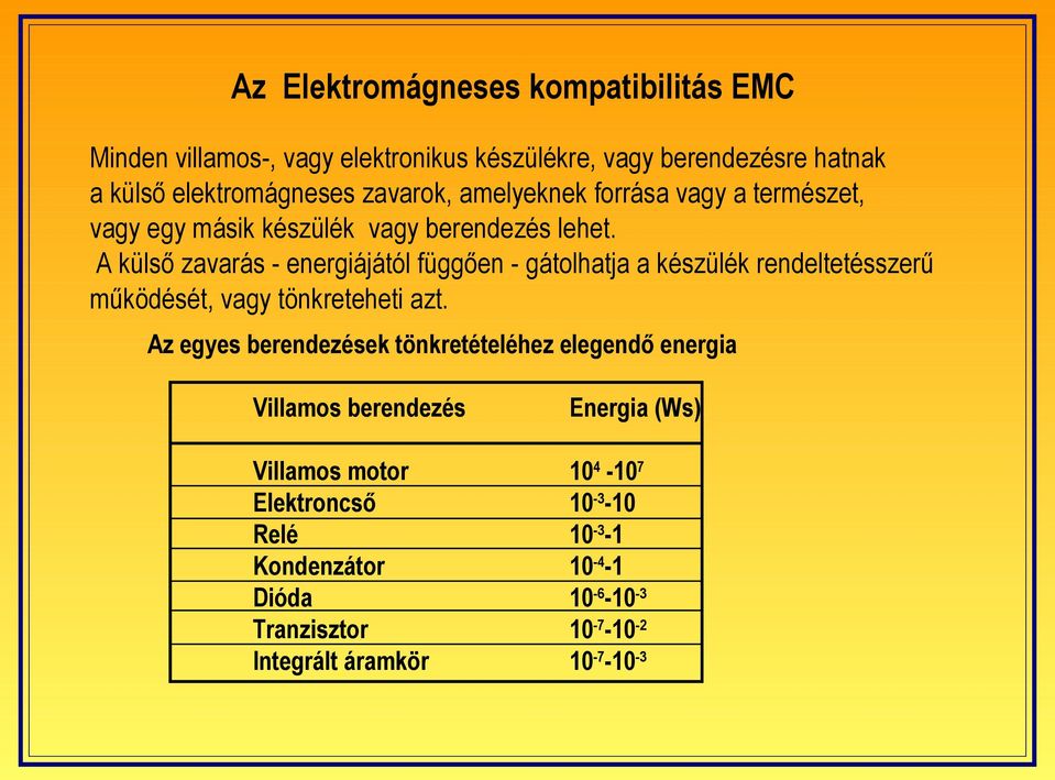 A külső zavarás - energiájától függően - gátolhatja a készülék rendeltetésszerű működését, vagy tönkreteheti azt.