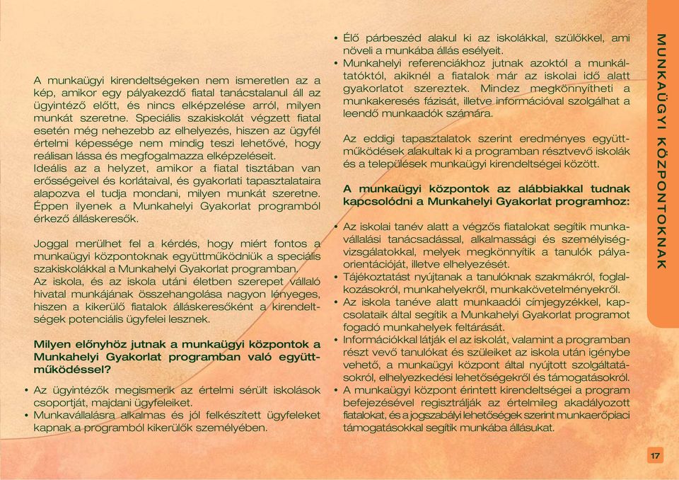 Ideális az a helyzet, amikor a fiatal tisztában van erôsségeivel és korlátaival, és gyakorlati tapasztalataira alapozva el tudja mondani, milyen munkát szeretne.