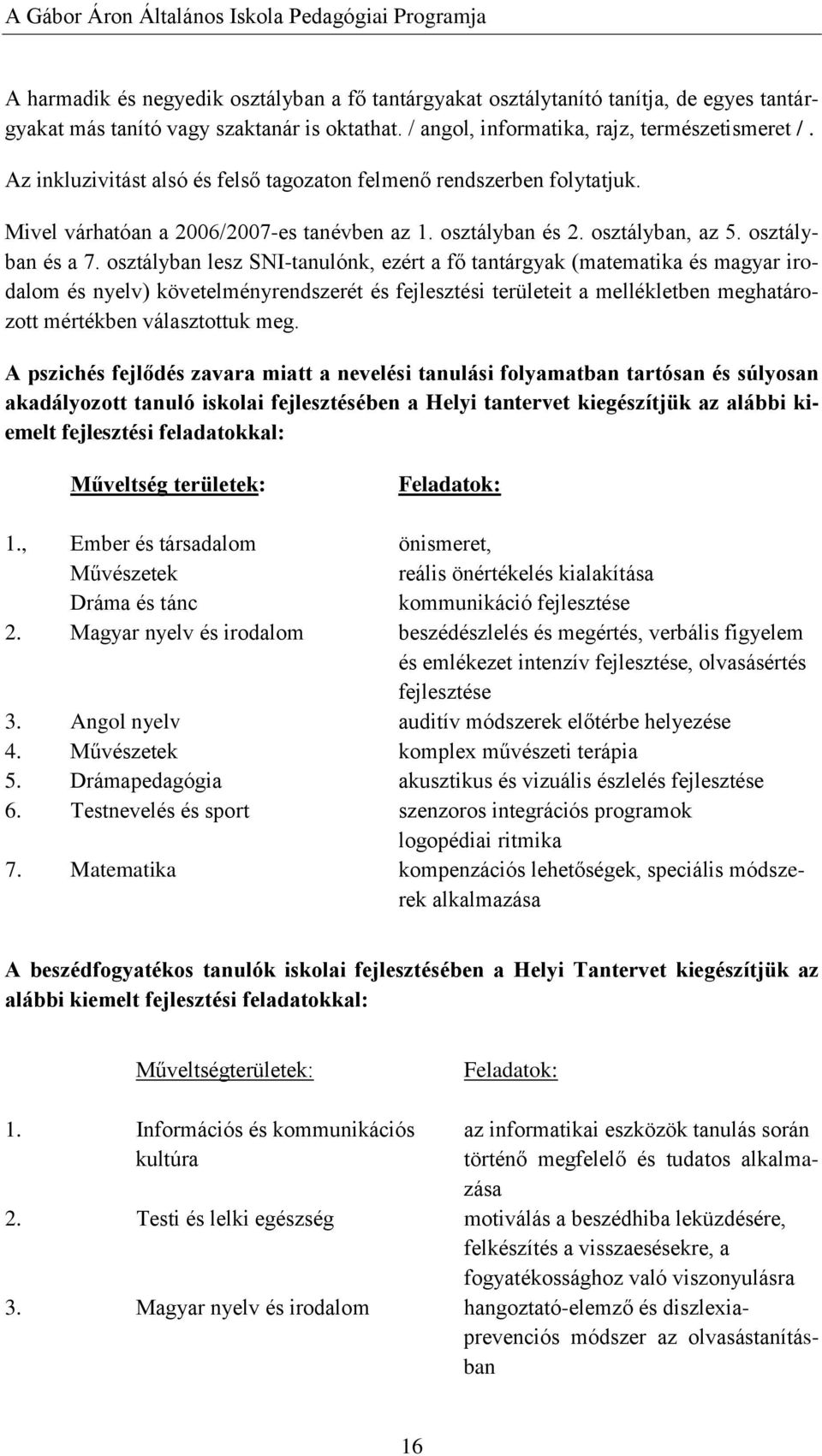 osztályban lesz SNI-tanulónk, ezért a fő tantárgyak (matematika és magyar irodalom és nyelv) követelményrendszerét és fejlesztési területeit a mellékletben meghatározott mértékben választottuk meg.