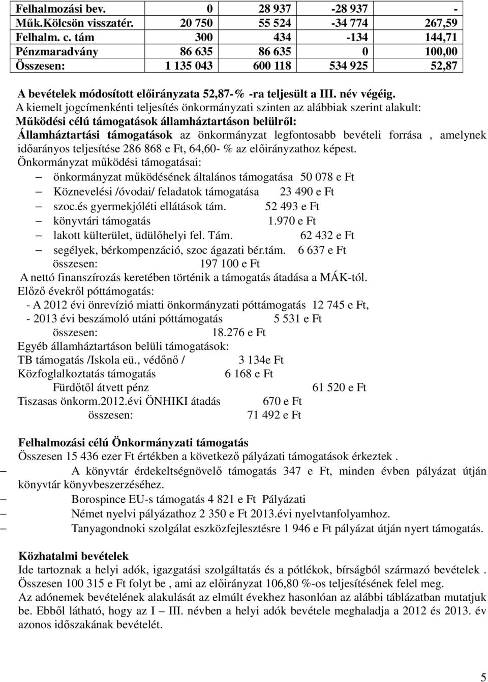 A kiemelt jogcímenkénti teljesítés önkormányzati szinten az alábbiak szerint alakult: Működési célú támogatások államháztartáson belülről: Államháztartási támogatások az önkormányzat legfontosabb