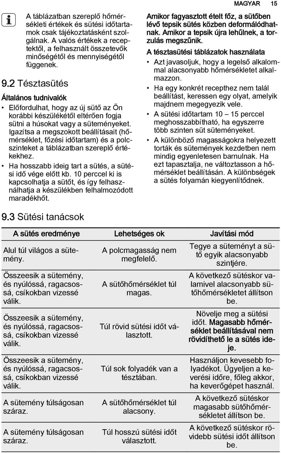 Igazítsa a megszokott beállításait (hőmérséklet, főzési időtartam) és a polcszinteket a táblázatban szereplő értékekhez. Ha hosszabb ideig tart a, a i idő vége előtt kb.