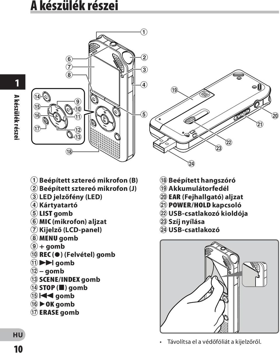 MIC (mikrofon) aljzat 7 Kijelző (LCD-panel) 8 MENU gomb 9 + gomb 0 REC (s) (Felvétel) gomb!