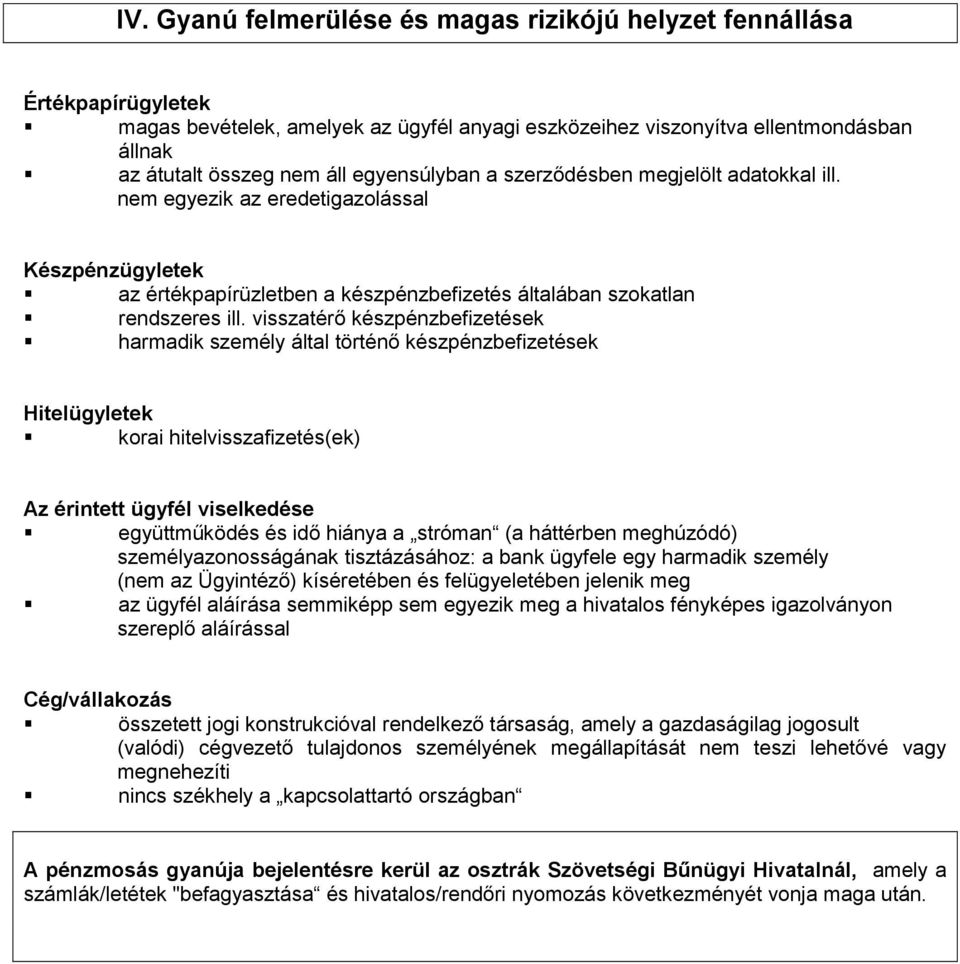 visszatérő készpénzbefizetések harmadik személy által történő készpénzbefizetések Hitelügyletek korai hitelvisszafizetés(ek) Az érintett ügyfél viselkedése együttműködés és idő hiánya a stróman (a