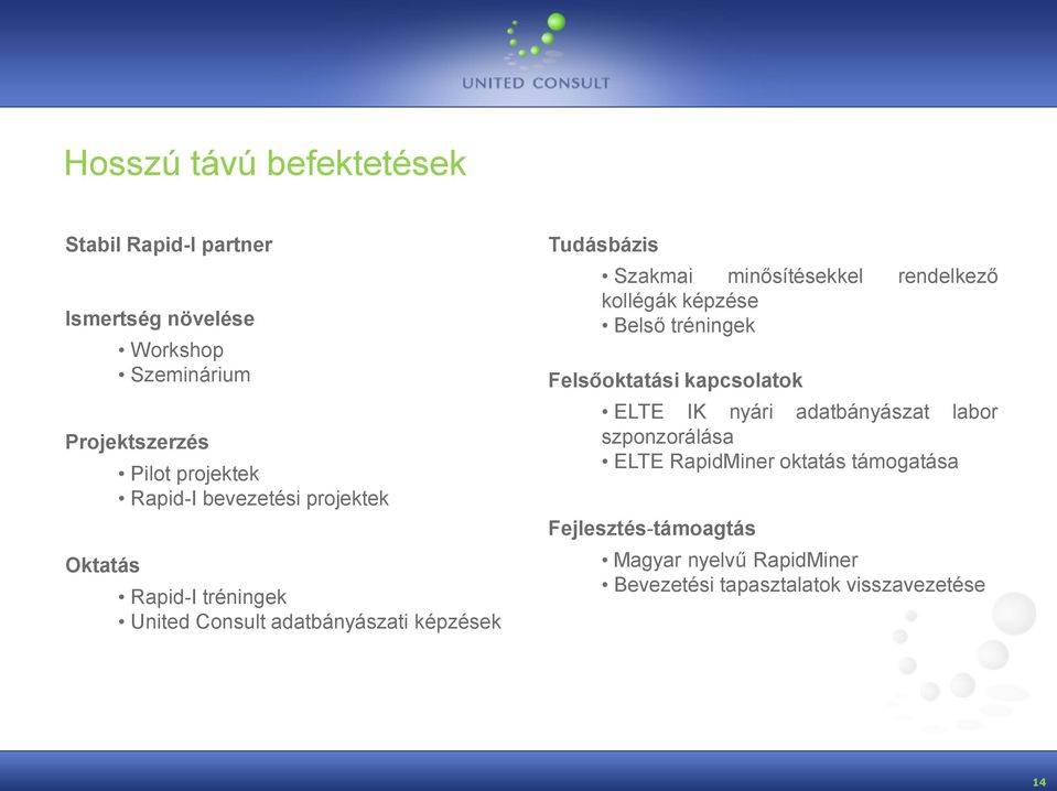 minősítésekkel rendelkező kollégák képzése Belső tréningek Felsőoktatási kapcsolatok ELTE IK nyári adatbányászat labor