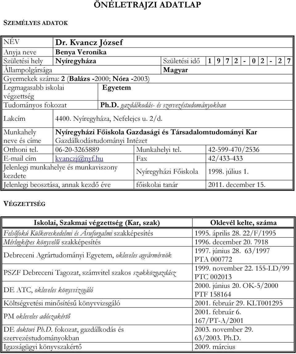 végzettség Tudományos fokozat Ph.D. gazdálkodás- és szervezéstudományokban Lakcím 4400. Nyíregyháza, Nefelejcs u. 2/d.