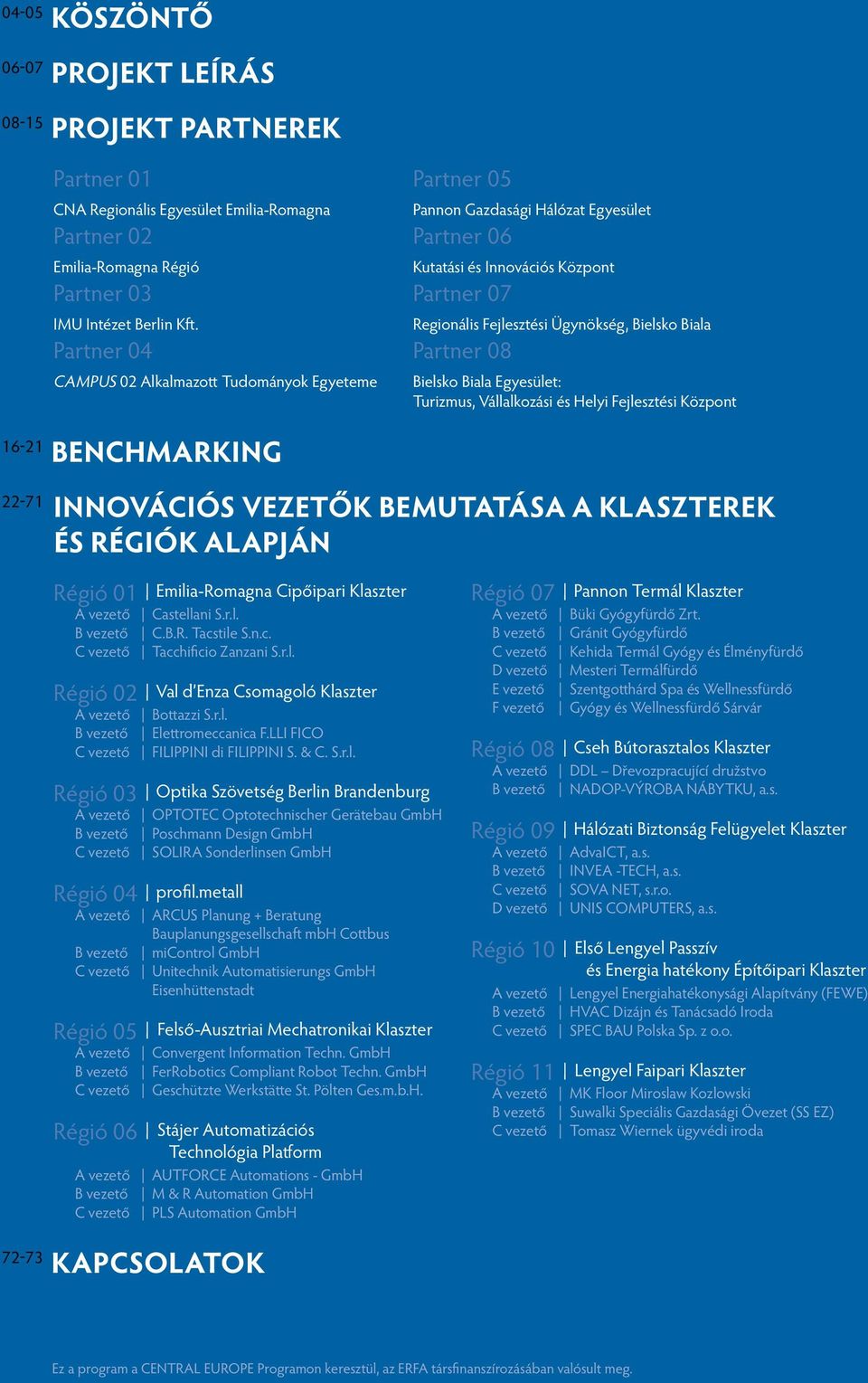 Partner 04 Partner 08 CAMPUS 02 Alkalmazott Tudományok Egyeteme 16-21 Benchmarking Pannon Gazdasági Hálózat Egyesület Kutatási és Innovációs Központ Regionális Fejlesztési Ügynökség, Bielsko Biala