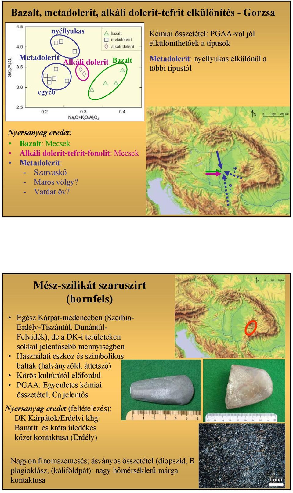 ?? Mész-szilikát szaruszirt (hornfels) Egész Kárpát-medencében (Szerbia- Erdély-Tiszántúl, Dunántúl- Felvidék), de a DK-i területeken sokkal jelentősebb mennyiségben Használati eszköz és szimbolikus