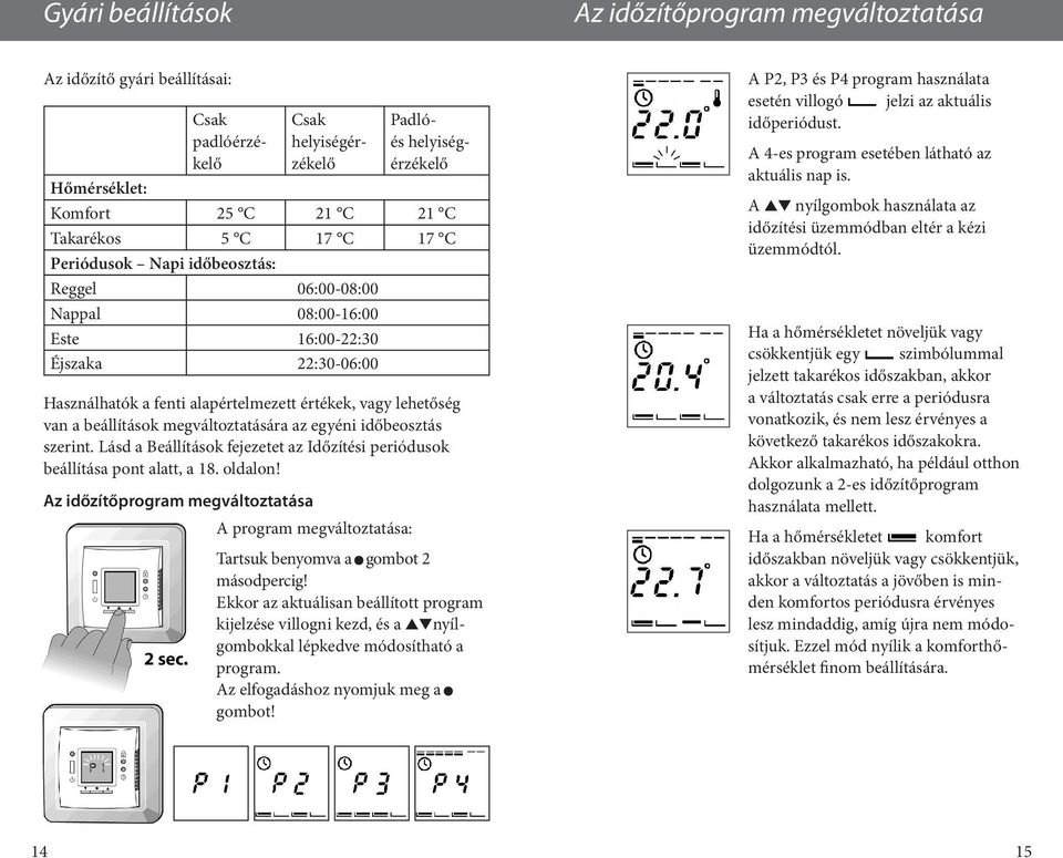 megváltoztatására az egyéni időbeosztás szerint. Lásd a Beállítások fejezetet az Időzítési periódusok beállítása pont alatt, a 18. oldalon!