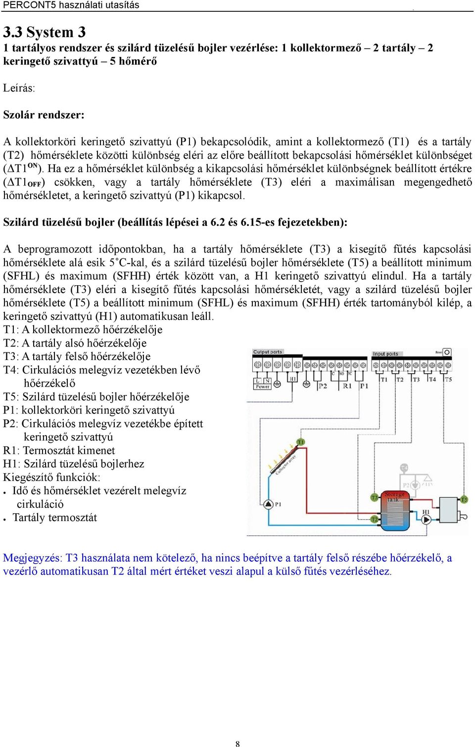 Ha ez a hőmérséklet különbség a kikapcsolási hőmérséklet különbségnek beállított értékre (ΔT1OFF) csökken, vagy a tartály hőmérséklete (T3) eléri a maximálisan megengedhető hőmérsékletet, a keringető