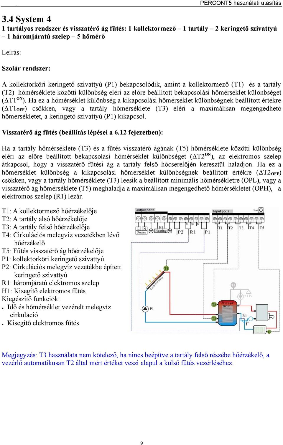 Ha ez a hőmérséklet különbség a kikapcsolási hőmérséklet különbségnek beállított értékre (ΔT1OFF) csökken, vagy a tartály hőmérséklete (T3) eléri a maximálisan megengedhető hőmérsékletet, a keringető