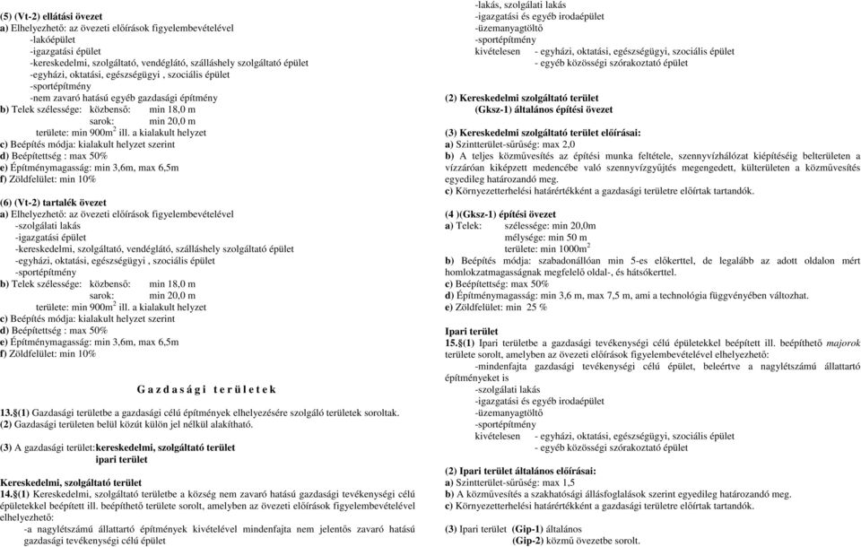 a kialakult helyzet c) Beépítés módja: kialakult helyzet szerint d) Beépítettség : max 50% e) Építménymagasság: min 3,6m, max 6,5m f) Zöldfelület: min 10% (6) (Vt-2) tartalék övezet a) Elhelyezhetı: