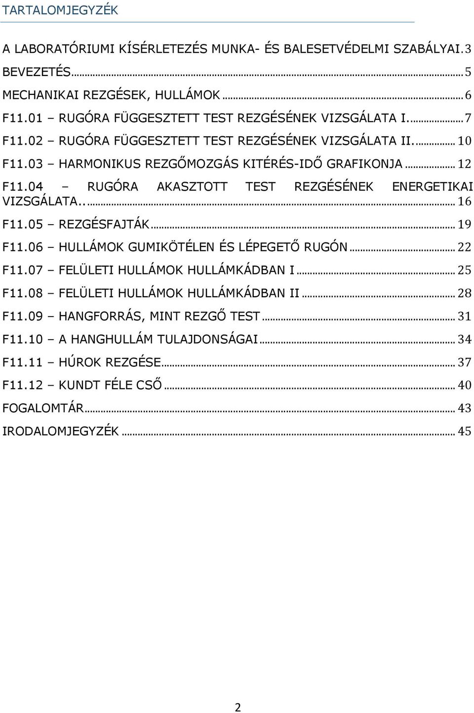 04 RUGÓRA AKASZTOTT TEST REZGÉSÉNEK ENERGETIKAI VIZSGÁLATA..... 16 F11.05 REZGÉSFAJTÁK... 19 F11.06 HULLÁMOK GUMIKÖTÉLEN ÉS LÉPEGETŐ RUGÓN... 22 F11.