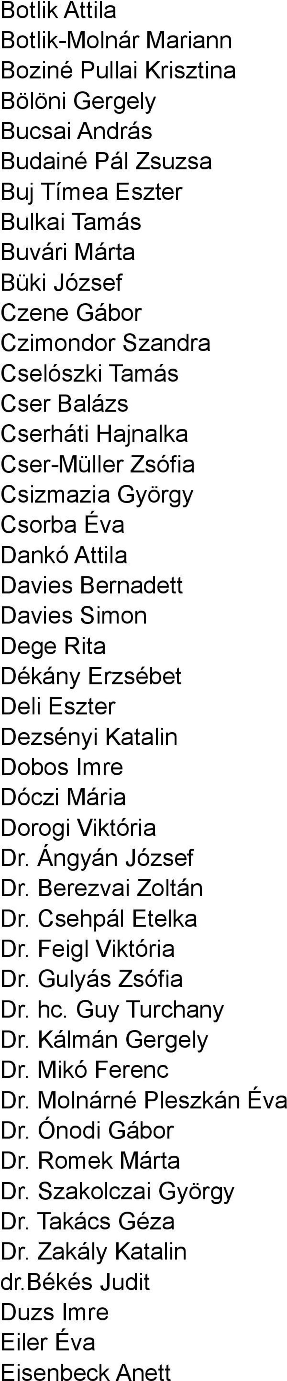 Dezsényi Katalin Dobos Imre Dóczi Mária Dorogi Viktória Dr. Ángyán József Dr. Berezvai Zoltán Dr. Csehpál Etelka Dr. Feigl Viktória Dr. Gulyás Zsófia Dr. hc. Guy Turchany Dr.