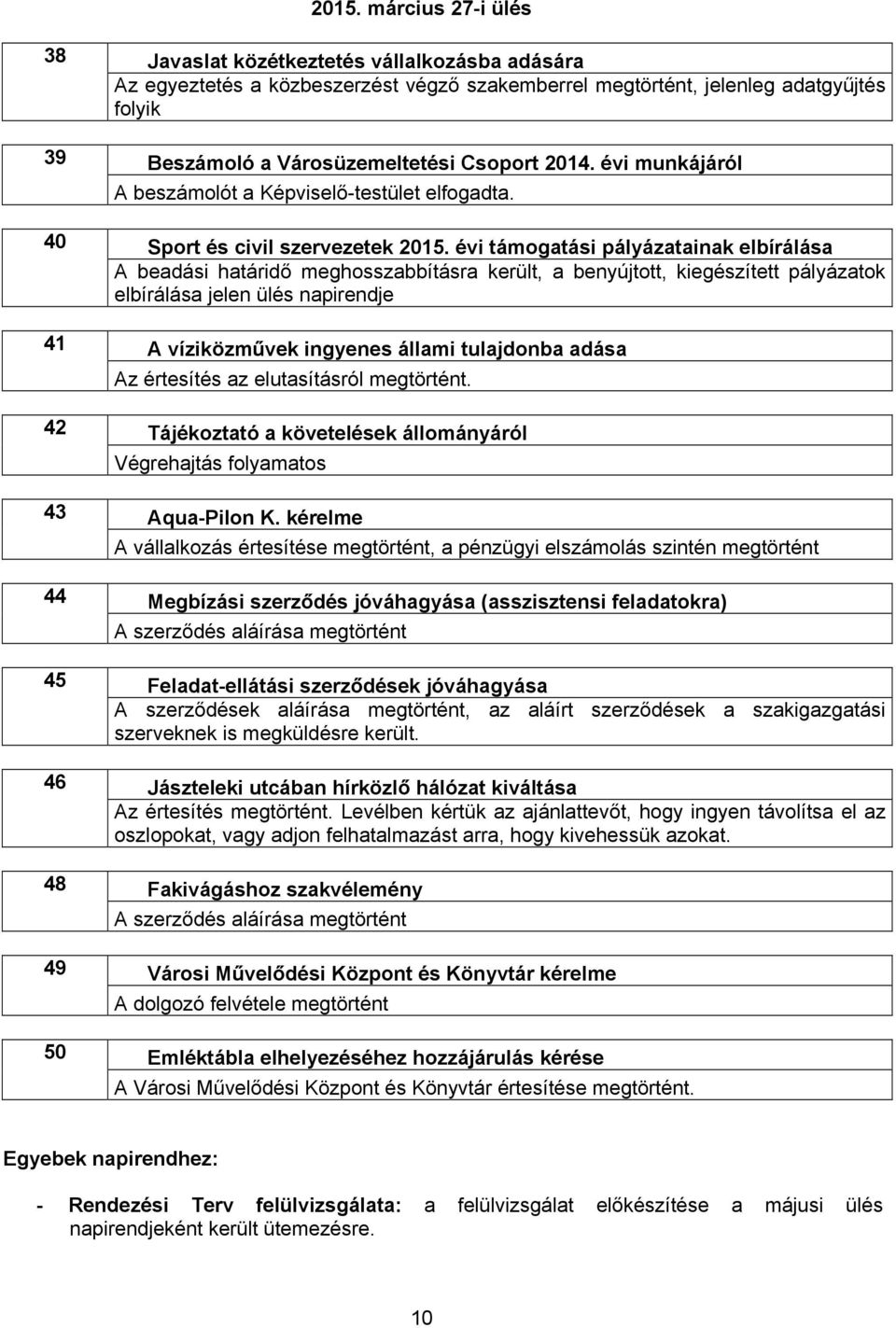 évi támogatási pályázatainak elbírálása A beadási határidő meghosszabbításra került, a benyújtott, kiegészített pályázatok elbírálása jelen ülés napirendje A víziközművek ingyenes állami tulajdonba