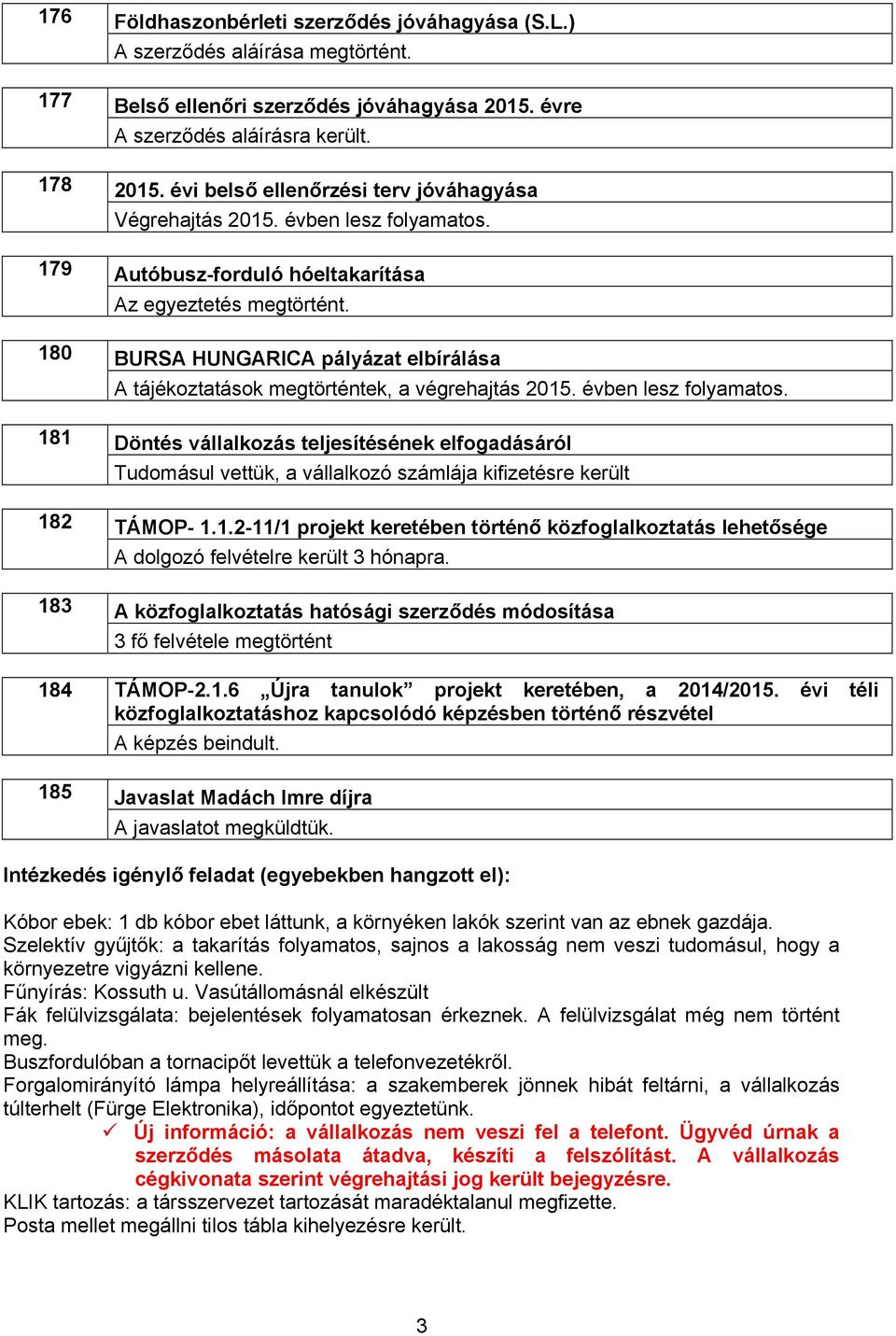 BURSA HUNGARICA pályázat elbírálása A tájékoztatások megtörténtek, a végrehajtás 2015. évben lesz folyamatos.