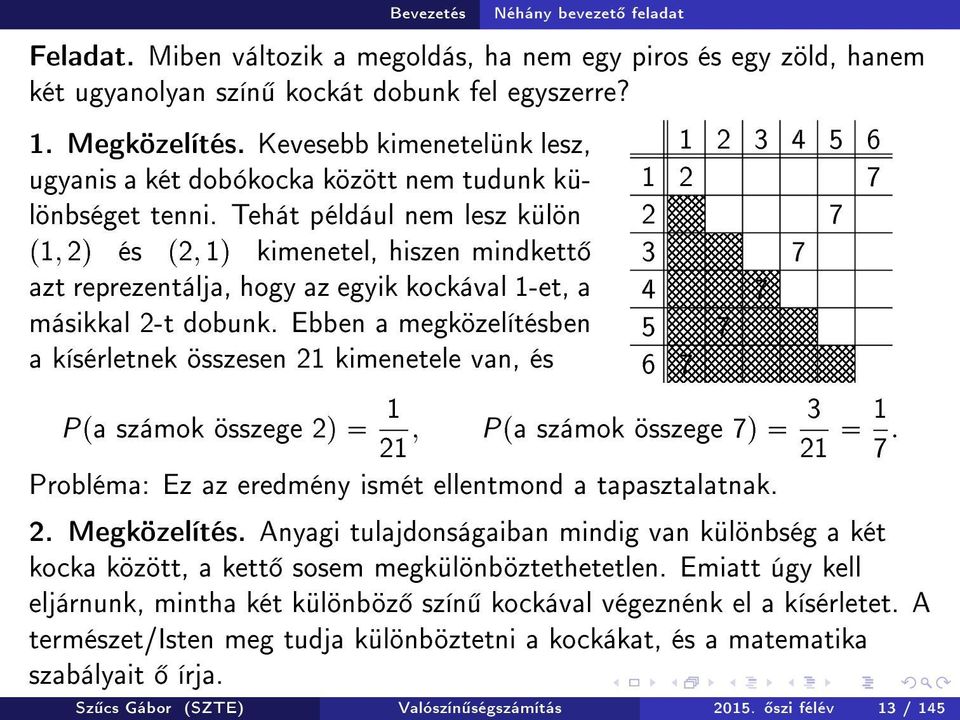 Tehát például nem lesz külön p1, 2q és p2, 1q kimenetel, hiszen mindkett azt reprezentálja, hogy az egyik kockával 1-et, a másikkal 2-t dobunk.