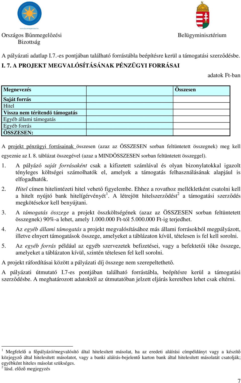 táblázat összegével (azaz a MINDÖSSZESEN sorban feltüntetett összeggel) 1 A pályázó saját forrásaként csak a kifizetett számlával és olyan bizonylatokkal igazolt tényleges költségei számolhatók el,