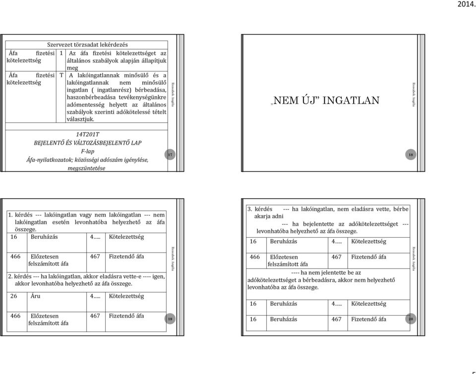NEM ÚJ INGATLAN 14T201T BEJELENTŐ ÉS VÁLTOZÁSBEJELENTŐ LAP F-lap Áfa-nyilatkozatok; közösségi adószám igénylése, megszüntetése 17 18 1.