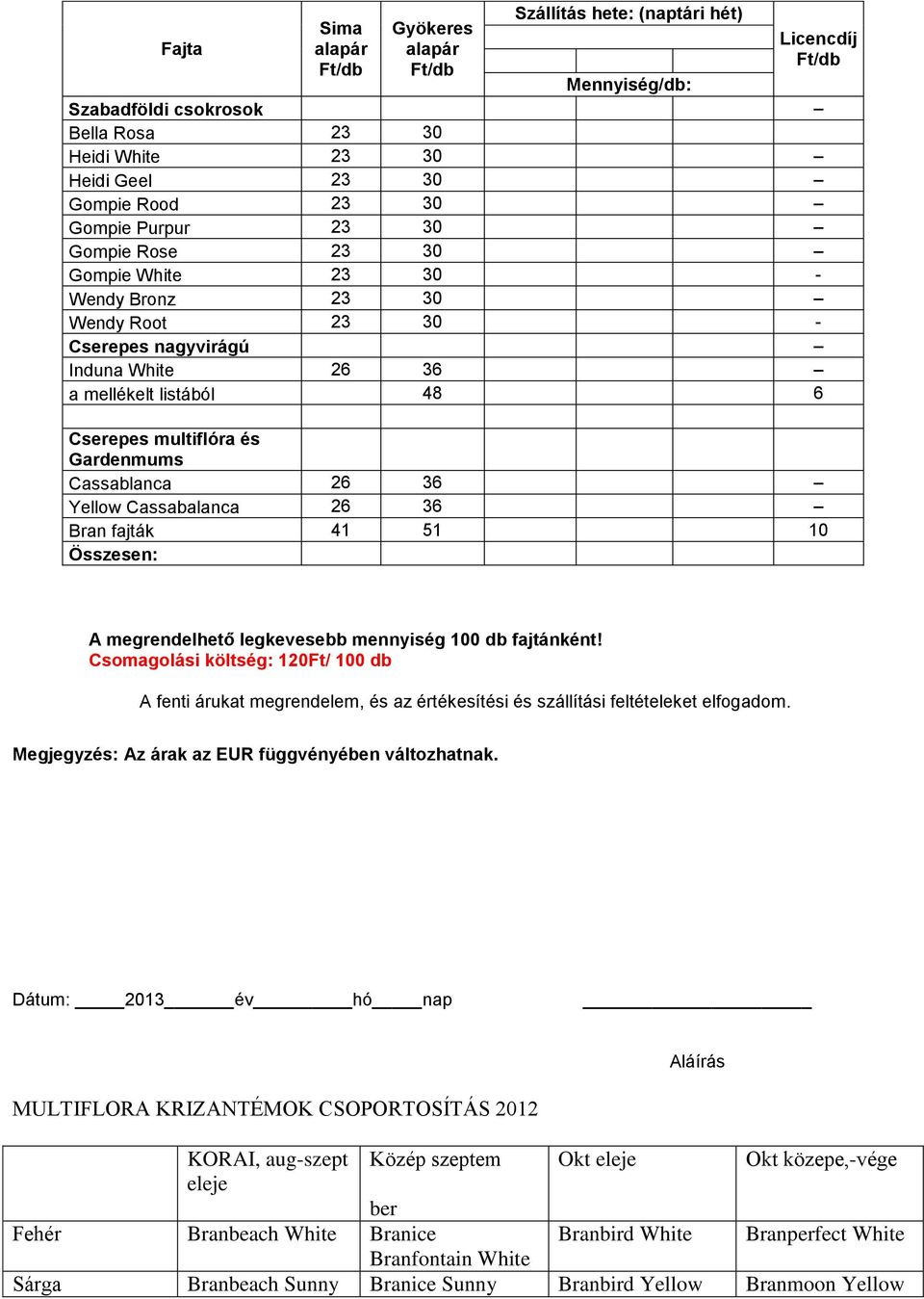 Cassabalanca 26 36 Bran fajták 41 51 10 Összesen: A megrendelhető legkevesebb mennyiség 100 db fajtánként!