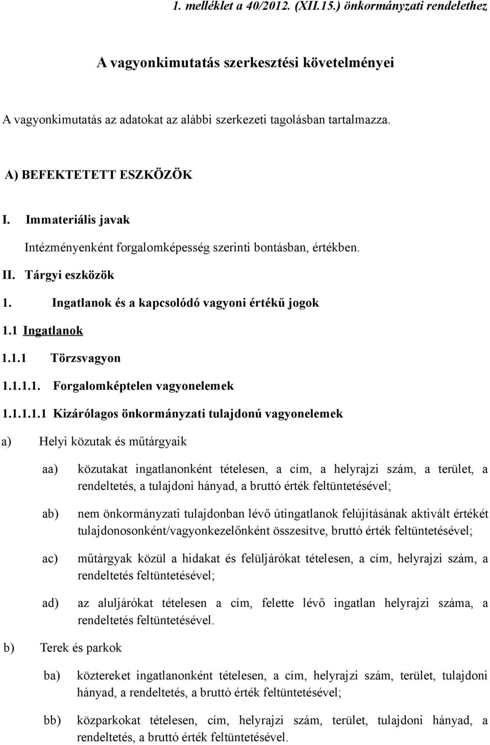 1.1.1. Forgalomképtelen vagyonelemek 1.1.1.1.1 Kizárólagos önkormányzati tulajdonú vagyonelemek a) Helyi közutak és műtárgyaik aa) ab) ac) ad) közutakat ingatlanonként tételesen, a cím, a helyrajzi