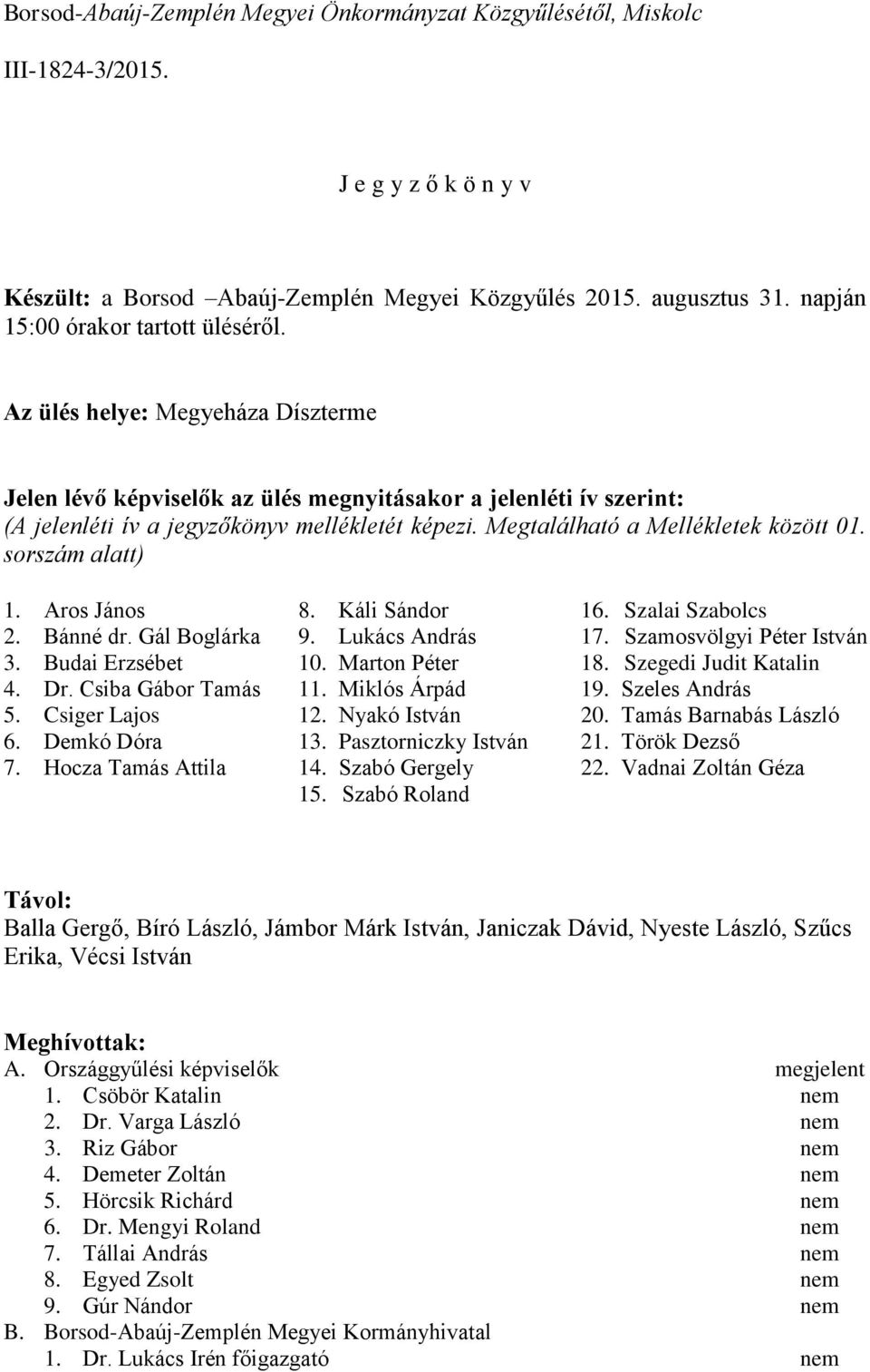 Megtalálható a Mellékletek között 01. sorszám alatt) 1. Aros János 2. Bánné dr. Gál Boglárka 3. Budai Erzsébet 4. Dr. Csiba Gábor Tamás 5. Csiger Lajos 6. Demkó Dóra 7. Hocza Tamás Attila 8.