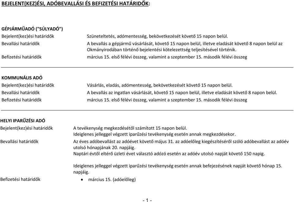 első félévi összeg, valamint a szeptember 15. második félévi összeg KOMMUNÁLIS ADÓ Befizetési határidők Vásárlás, eladás, adómentesség, bekövetkezését követő 15 napon belül.