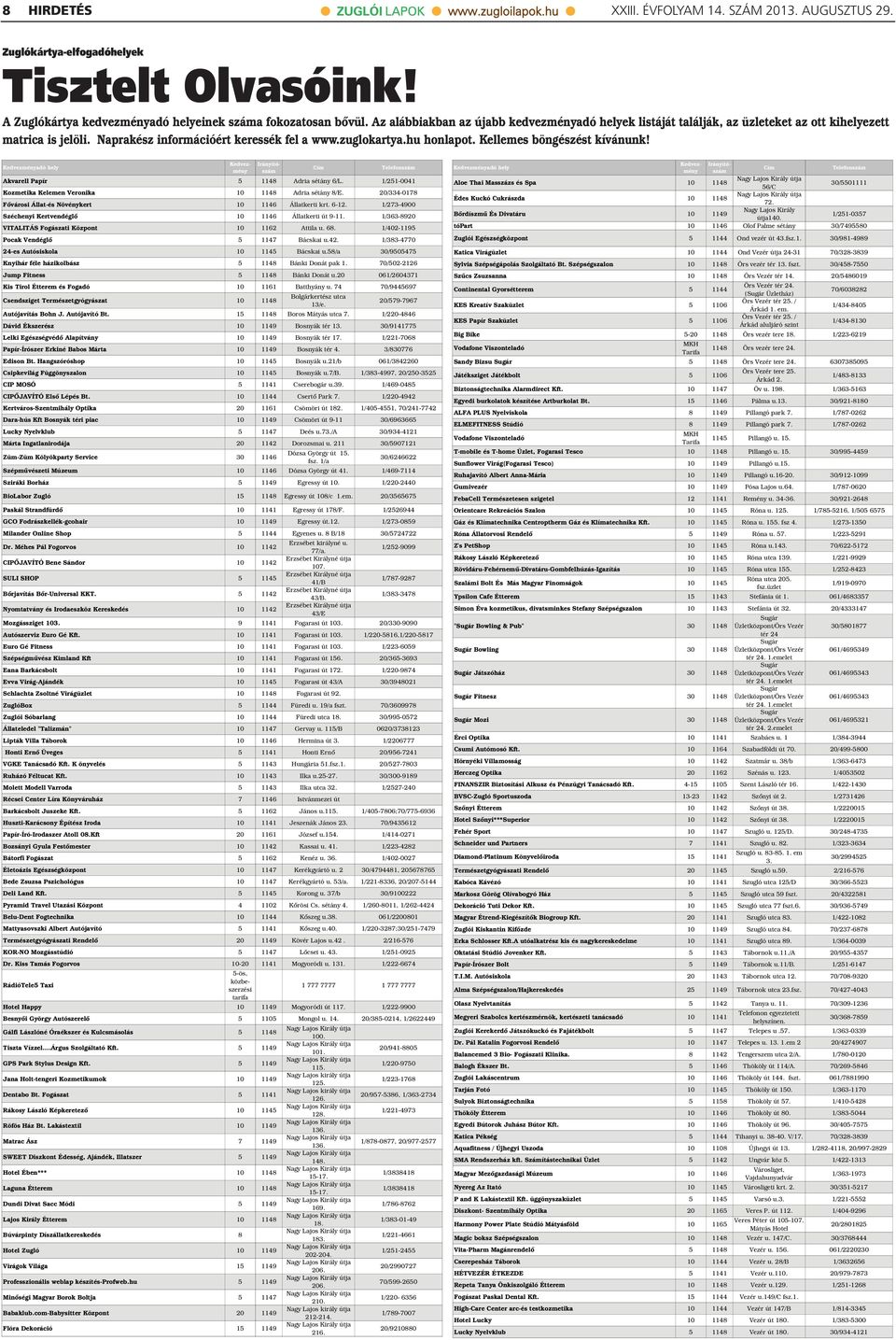 Kellemes böngészést kívánunk! Kedvezményadó hely Kedvezmény Irányítószám Cím Telefonszám Akvarell Papír 5 1148 Adria sétány 6/L. 1/251-0041 Kozmetika Kelemen Veronika 10 1148 Adria sétány 8/E.