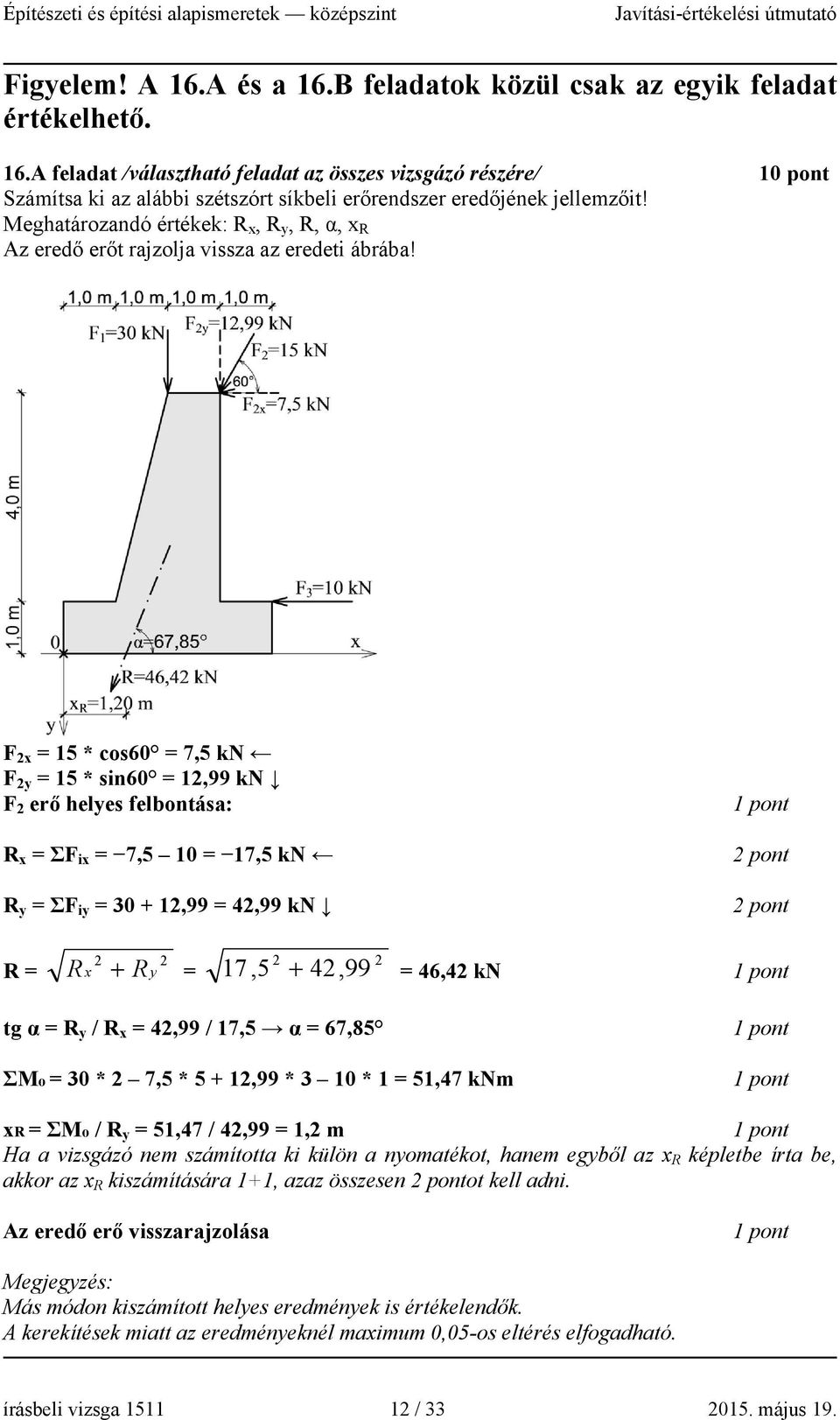 F 2x = 15 * cos60 = 7,5 kn F 2y = 15 * sin60 = 12,99 kn F 2 erő helyes felbontása: R x = ΣF ix = 7,5 10 = 17,5 kn R y = ΣF iy = 30 + 12,99 = 42,99 kn R = 2 2 R x + R y = 2 2 17,5 + 42,99 = 46,42 kn