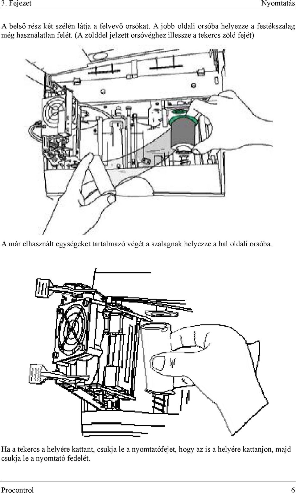 (A zölddel jelzett orsóvéghez illessze a tekercs zöld fejét) A már elhasznált egységeket tartalmazó végét