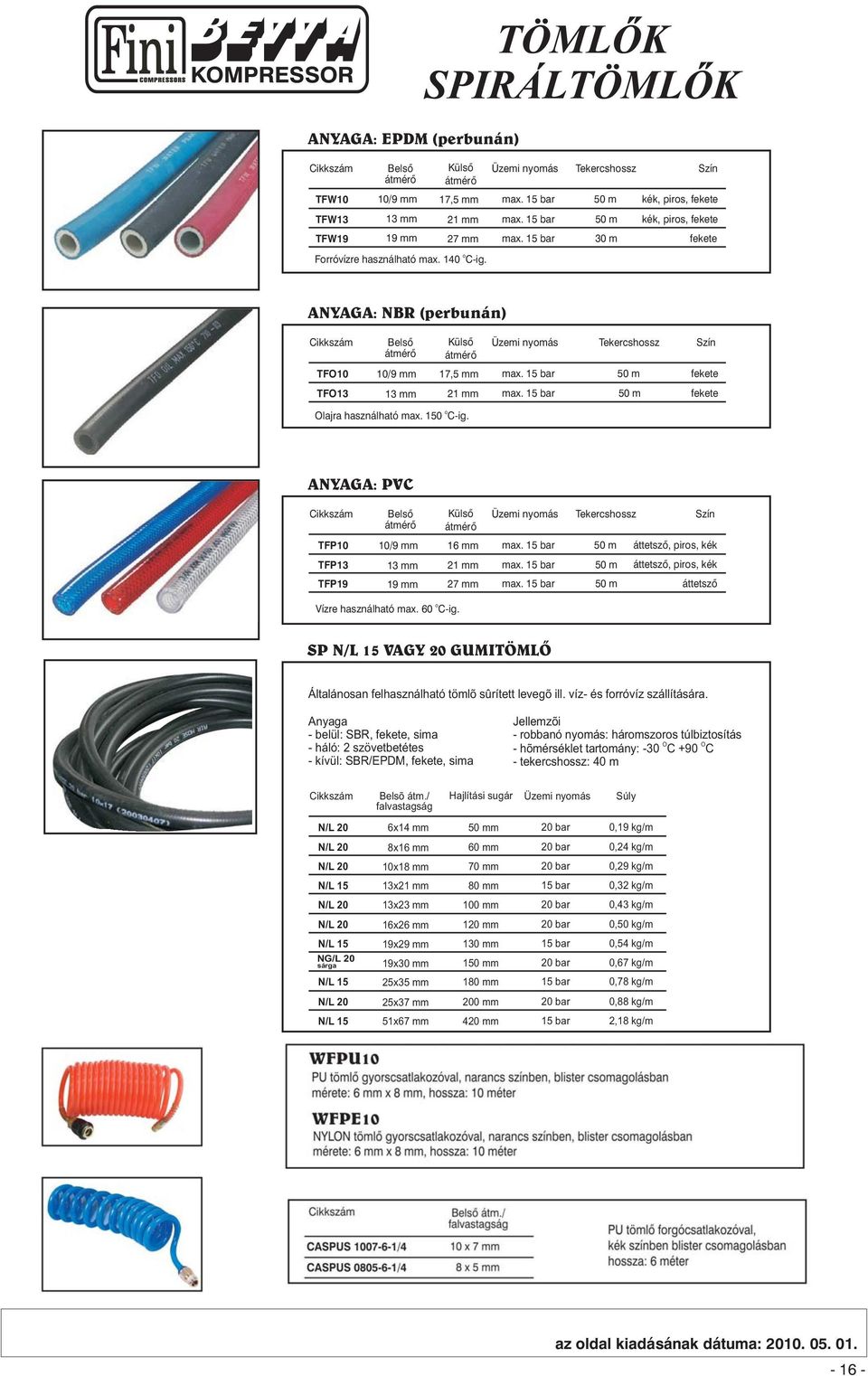 használható max. 150 -ig. ANYAGA: PV TFP10 TFP1 Belsõ 10/9 mm 1 mm Külsõ 16 mm 21 mm Üzemi nymás Tekercshssz TFP19 19 mm 27 mm Vízre használható max. 60 -ig.