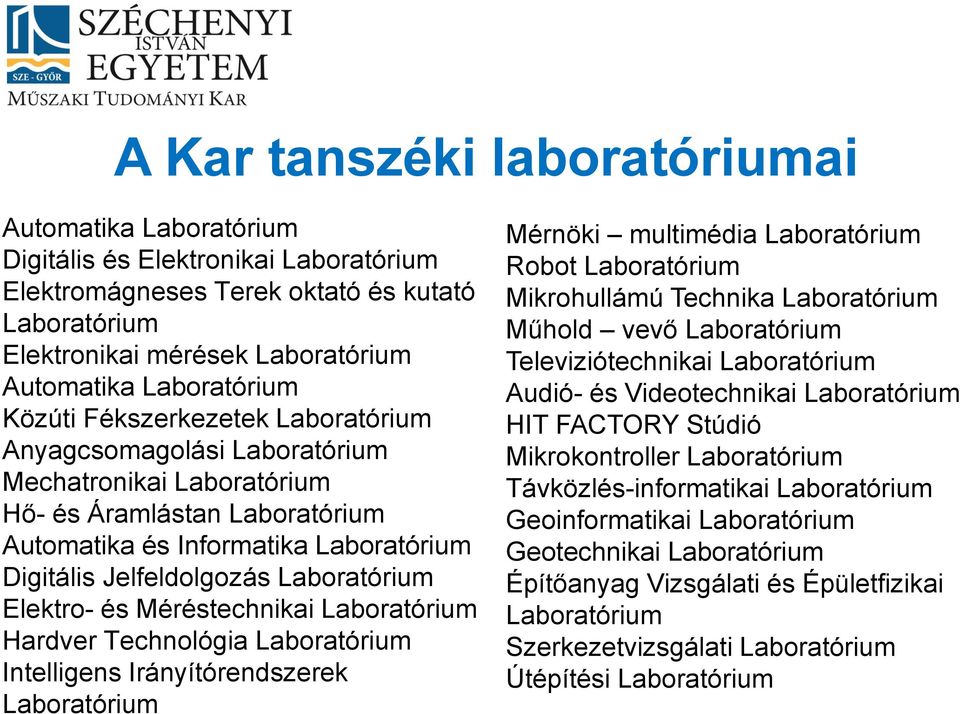 ésméréstechnikailaboratórium HardverTechnológiaLaboratórium IrányítórendszerekIntelligens Laboratórium Laboratóriummultimédia Mérnöki LaboratóriumRobot LaboratóriumTechnikaMikrohullámú