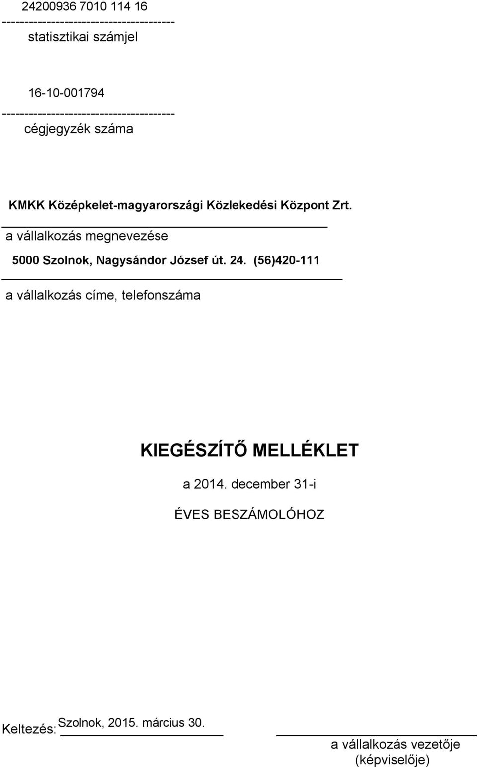 a vállalkozás megnevezése 5000 Szolnok, Nagysándor József út. 24.