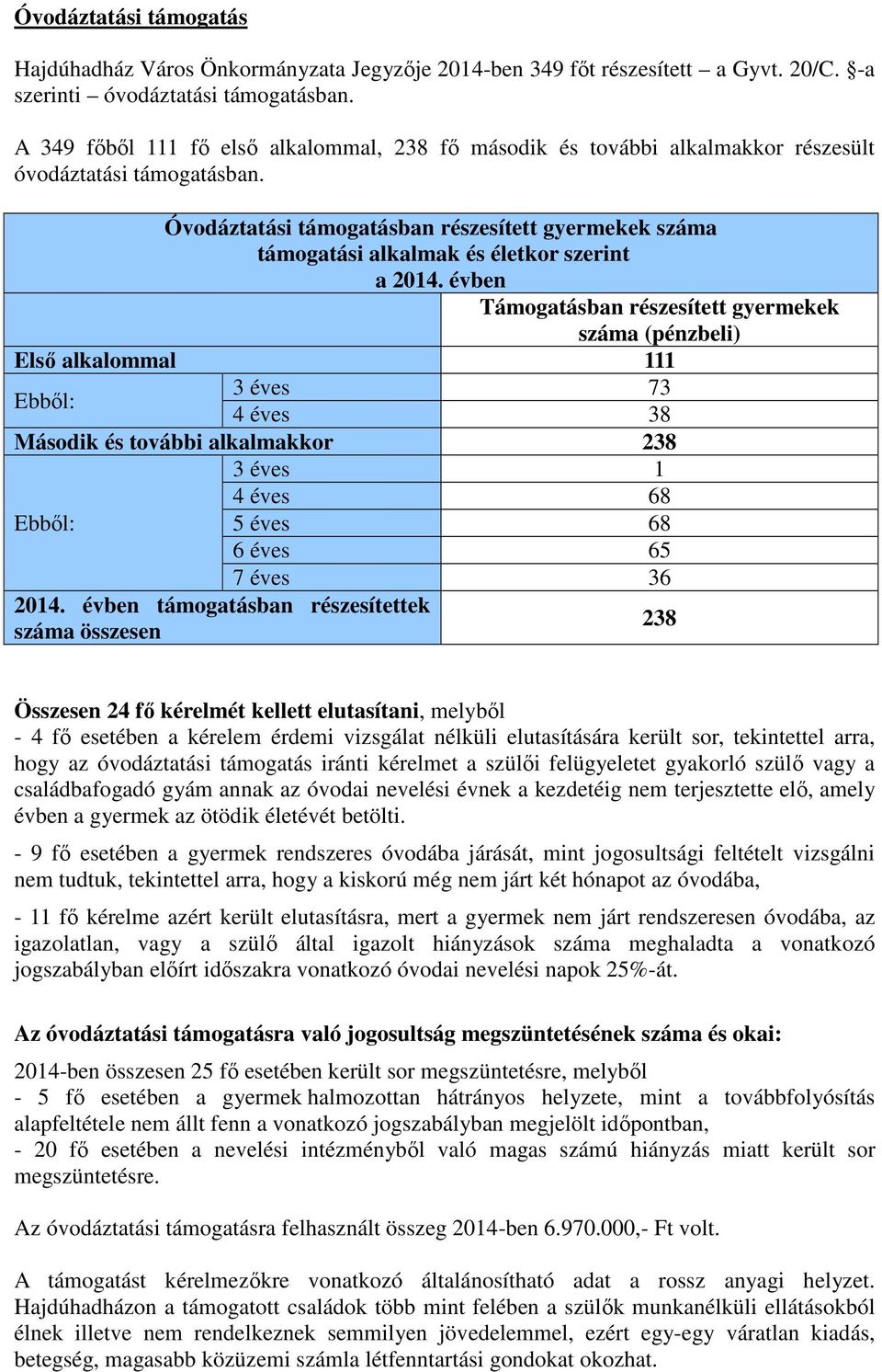 Óvodáztatási támogatásban részesített gyermekek száma támogatási alkalmak és életkor szerint a 2014.