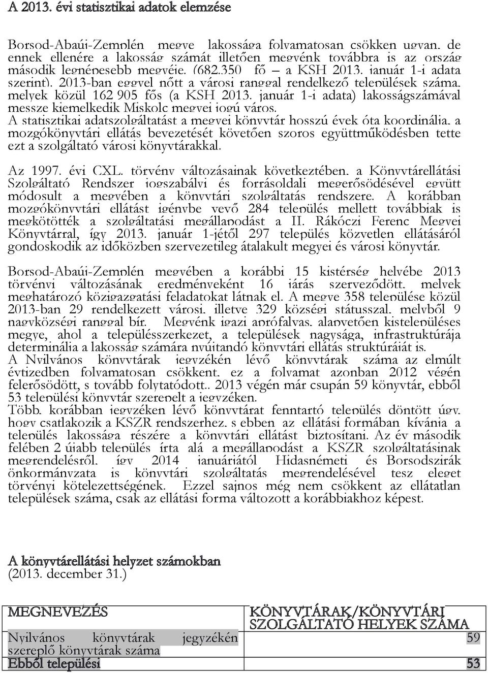 megyéje. (682.350 fő a KSH 2013. január 1-i adata szerint). 2013-ban eggyel nőtt a városi ranggal rendelkező települések száma, melyek közül 162 905 fős (a KSH 2013.