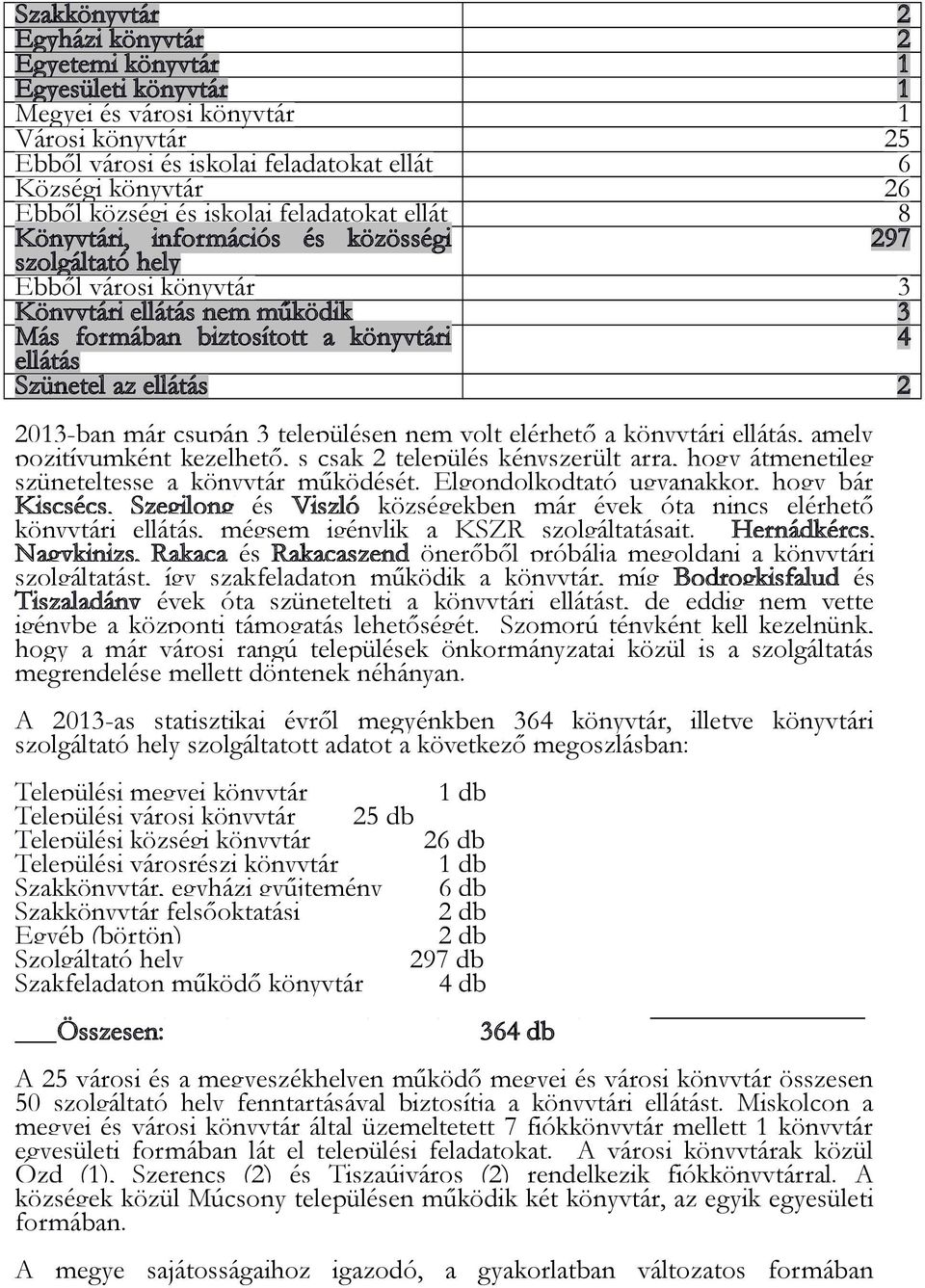 Szünetel az ellátás 2 2013-ban már csupán 3 településen nem volt elérhető a könyvtári ellátás, amely pozitívumként kezelhető, s csak 2 település kényszerült arra, hogy átmenetileg szüneteltesse a