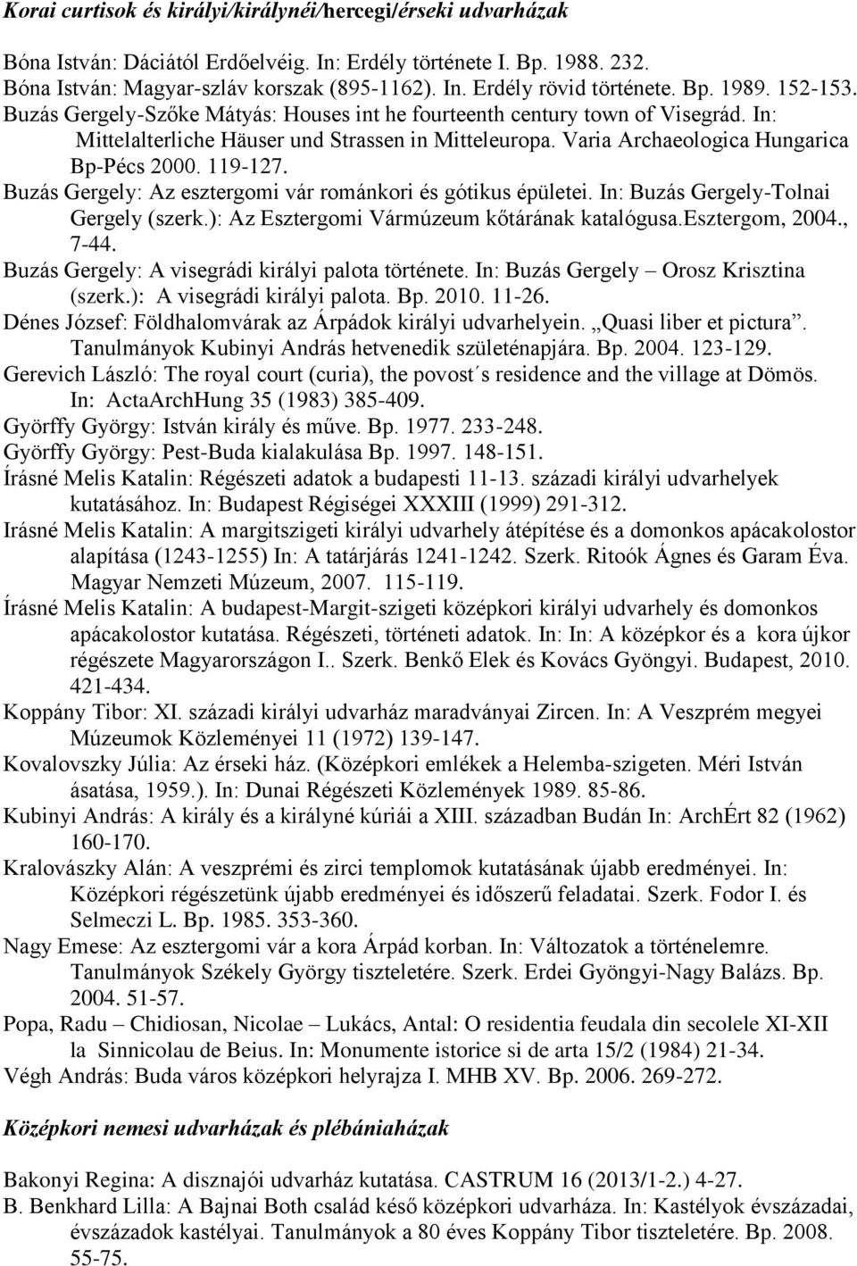 119-127. Buzás Gergely: Az esztergomi vár románkori és gótikus épületei. In: Buzás Gergely-Tolnai Gergely (szerk.): Az Esztergomi Vármúzeum kőtárának katalógusa.esztergom, 2004., 7-44.