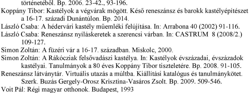 Simon Zoltán: A füzéri vár a 16-17. században. Miskolc, 2000. Simon Zoltán: A Rákócziak felsővadászi kastélya. In: Kastélyok évszázadai, évszázadok kastélyai.