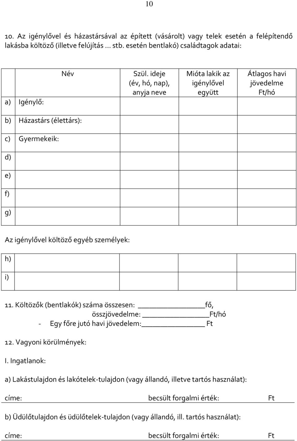 ideje (év, hó, nap), anyja neve Mióta lakik az igénylővel együtt Átlagos havi jövedelme Ft/hó b) Házastárs (élettárs): c) Gyermekeik: d) e) f) g) Az igénylővel költöző egyéb személyek: