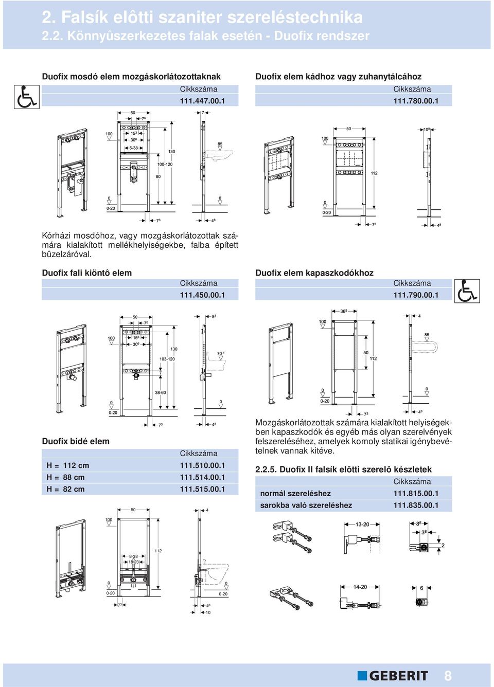 161.. 964.16.. 2. Falsík elôtti szaniter szereléstechnika 2.2. Könnyûszerkezetes falak esetén - Duofix rendszer Duofix mosdó elem mozgáskorlátozottaknak 111.447.