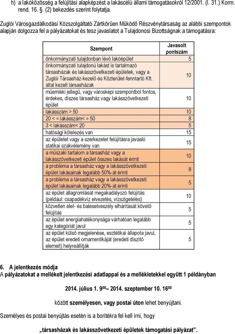 Szempont Javasolt pontszám önkormányzati tulajdonban lévő lakóépület önkormányzati tulajdonú lakást is tartalmazó társasházak és lakásszövetkezeti épületek, vagy a Zuglói Társasház-kezelő és