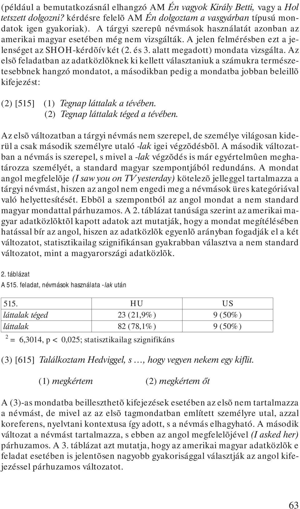 Az elsõ feladatban az adatközlõknek ki kellett választaniuk a számukra természetesebbnek hangzó mondatot, a másodikban pedig a mondatba jobban beleillõ kifejezést: (2) [515] (1) Tegnap láttalak a