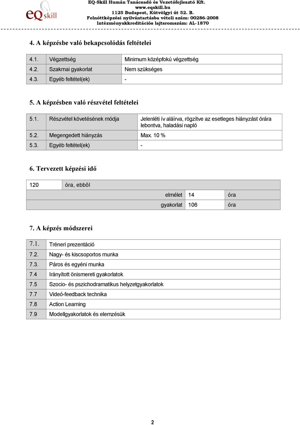 Megengedett hiányzás Max. 10 % 5.3. Egyéb feltétel(ek) - 6. Tervezett képzési idő 120 óra, ebből elmélet 14 óra gyakorlat 106 óra 7. A képzés módszerei 7.1. Tréneri prezentáció 7.2. Nagy- és kiscsoportos munka 7.