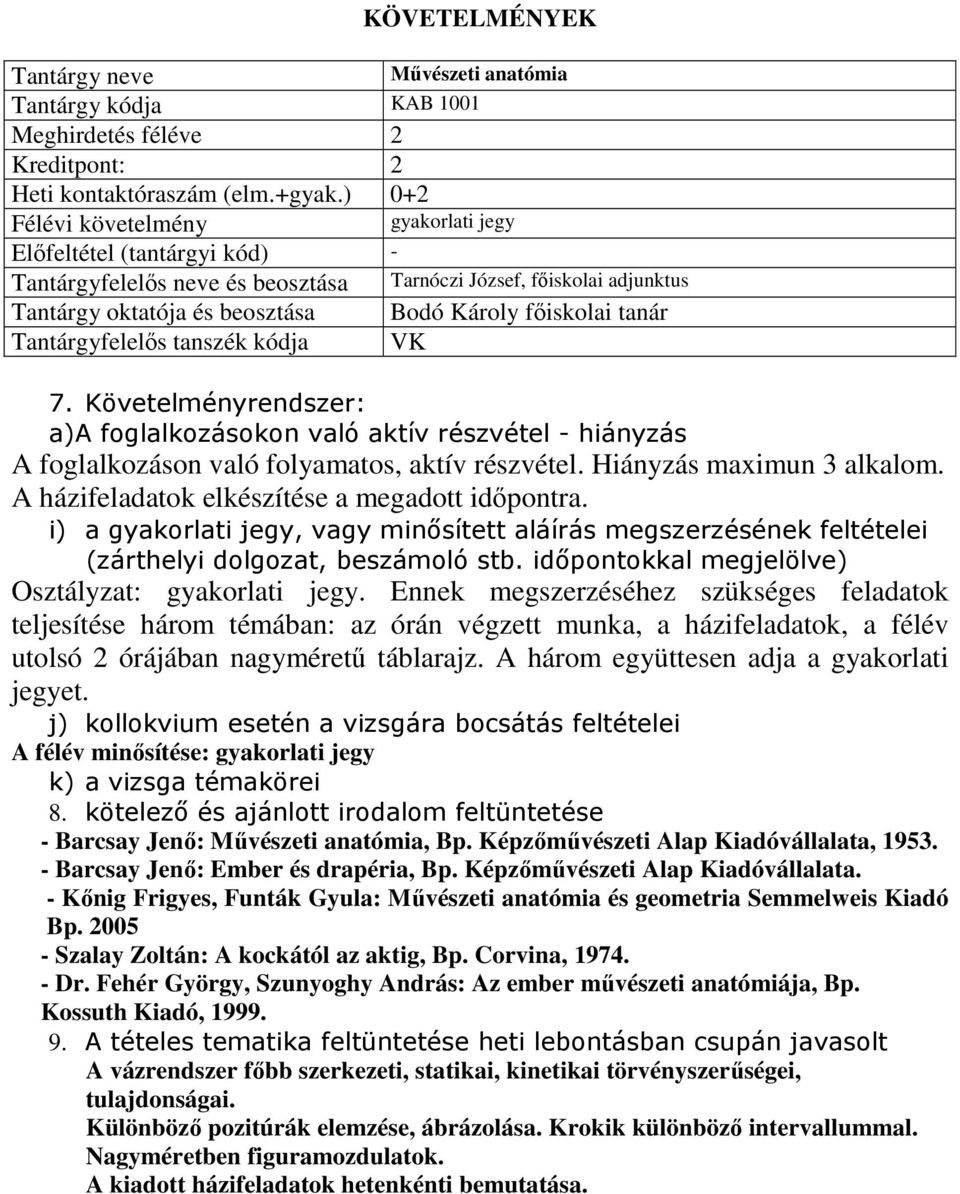 főiskolai adjunktus 7. Követelményrendszer: a)a foglalkozásokon való aktív részvétel - hiányzás A foglalkozáson való folyamatos, aktív részvétel. Hiányzás maximun 3 alkalom.