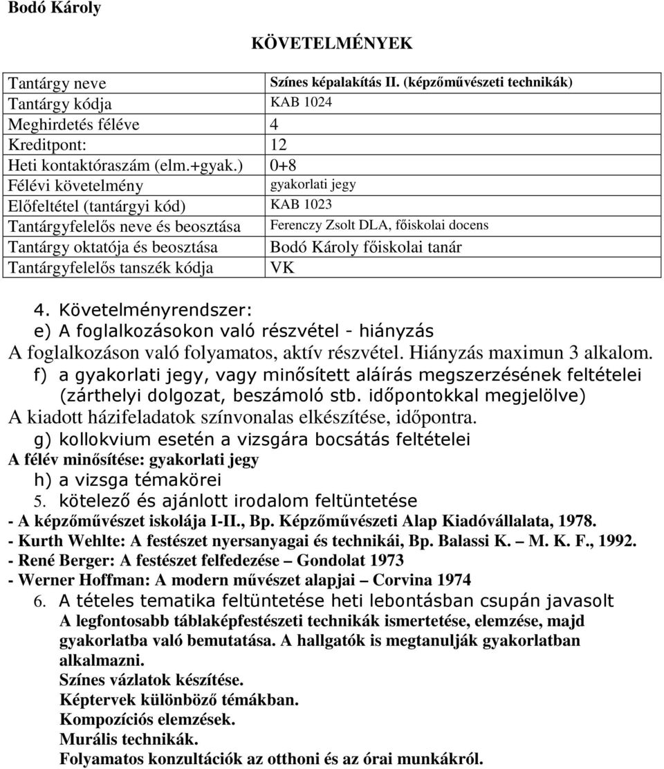 képalakítás II. (képzőművészeti technikák) Ferenczy Zsolt DLA, főiskolai docens 4. Követelményrendszer: e) A foglalkozásokon való részvétel - hiányzás A foglalkozáson való folyamatos, aktív részvétel.