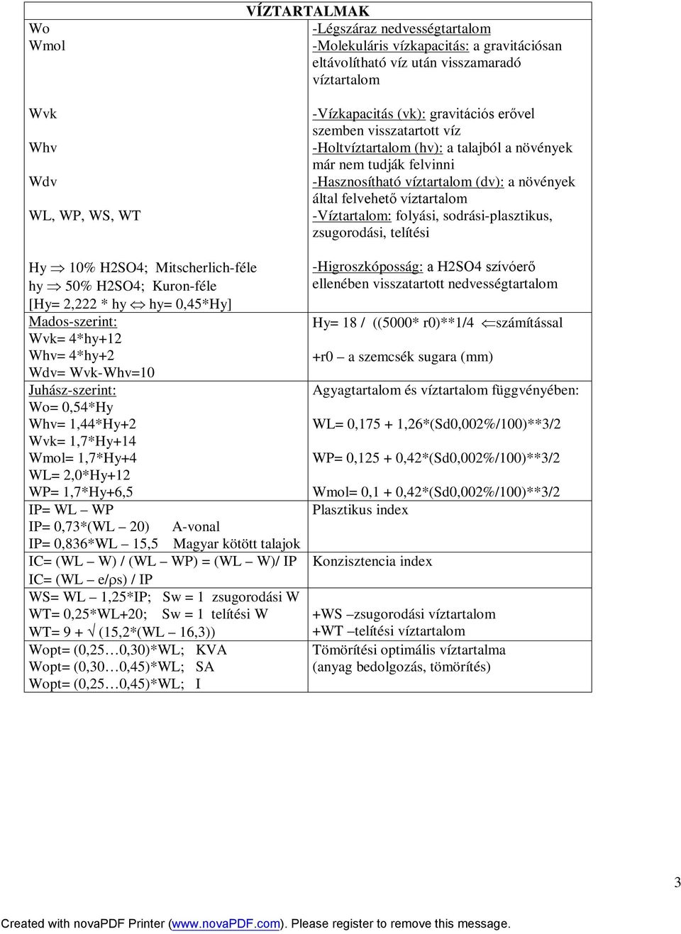 sodrásiplasztikus, zsugorodási, telítési Hy 10% H2SO4; Mitscherlichféle hy 50% H2SO4; Kuronféle [Hy= 2,222 * hy hy= 0,45*Hy] Madosszerint: Wvk= 4*hy+12 Whv= 4*hy+2 Wdv= WvkWhv=10 Juhászszerint: Wo=