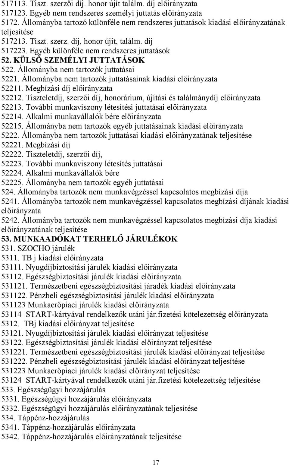 KÜLSŐ SZEMÉLYI JUTTATÁSOK 522. Állományba nem tartozók juttatásai 5221. Állományba nem tartozók juttatásainak kiadási előirányzata 52211. Megbízási díj előirányzata 52212.